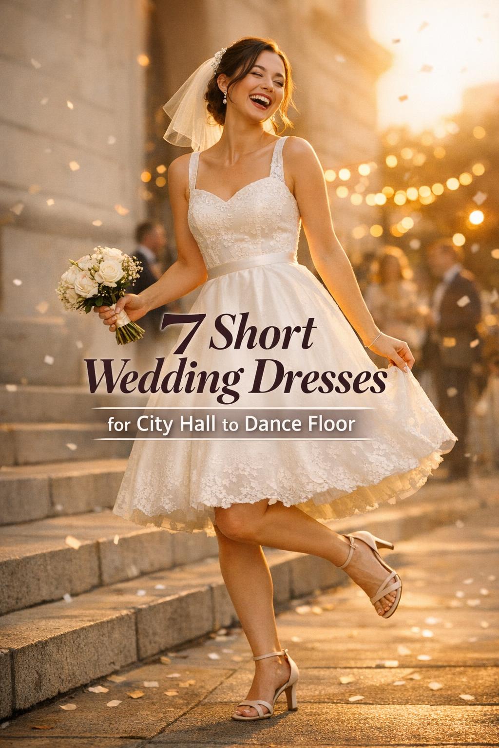 Bride laughing on city hall steps in chic tea-length short wedding dresses with bouquet and warm golden-hour bokeh lights