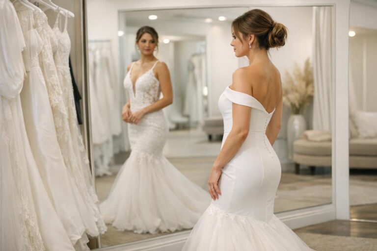 Bride in a sleek mermaid wedding dress with dramatic flared skirt and train in a bright bridal boutique