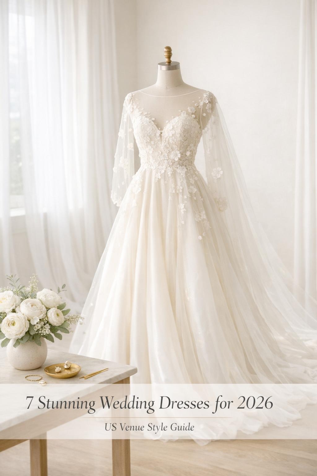 Stunning wedding dresses display in airy bridal studio with 2026 satin gown on mannequin and soft window light
