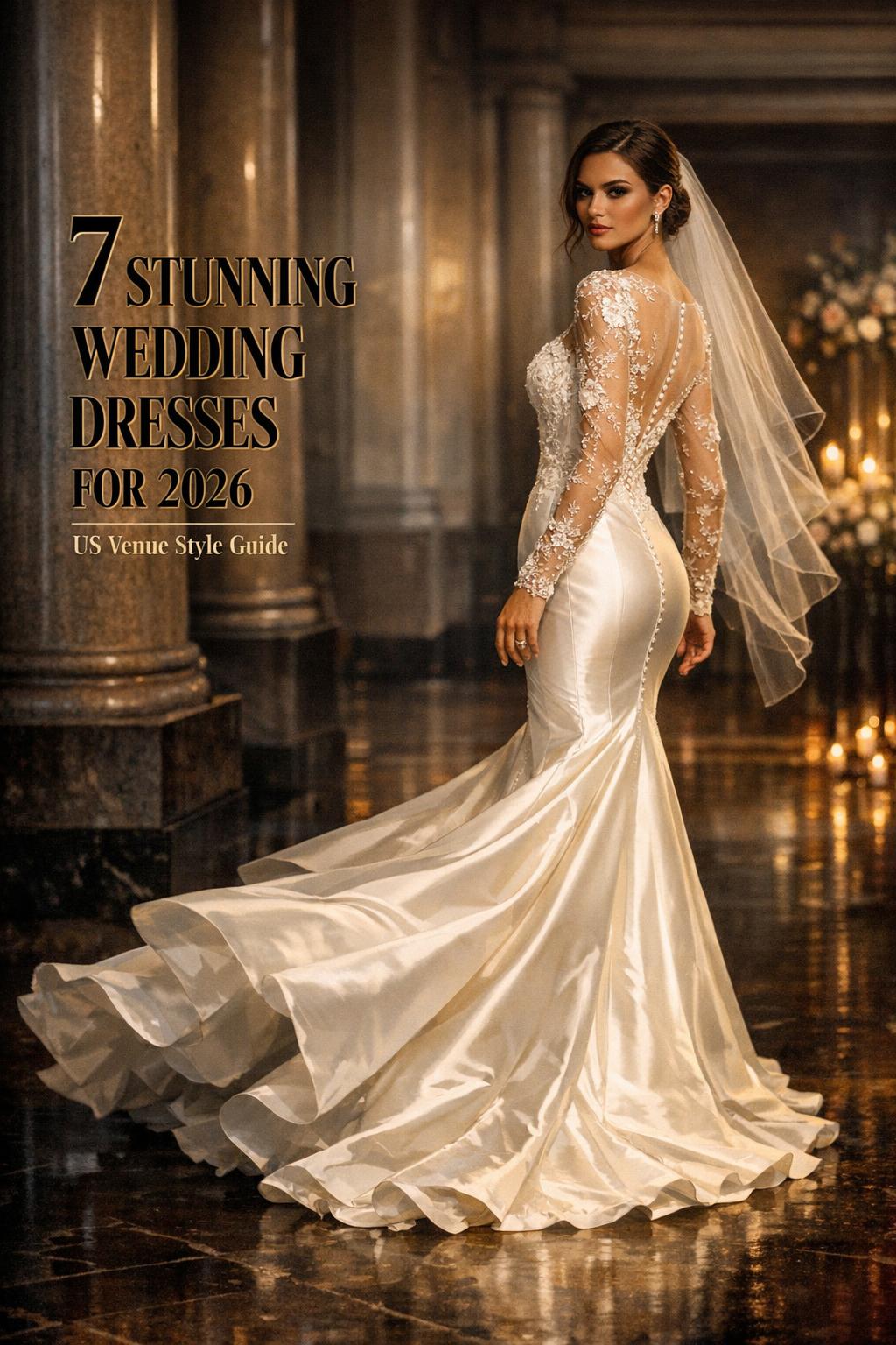 Bride in a 2026 satin mermaid gown in city hall, showcasing stunning wedding dresses with moody cinematic lighting