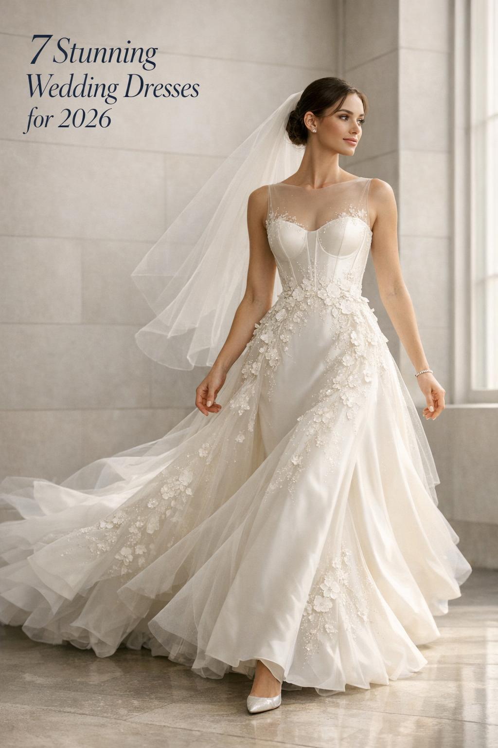 Stunning wedding dresses: modern 2026 couture bride in satin and tulle gown with corset bodice in minimalist city hall light