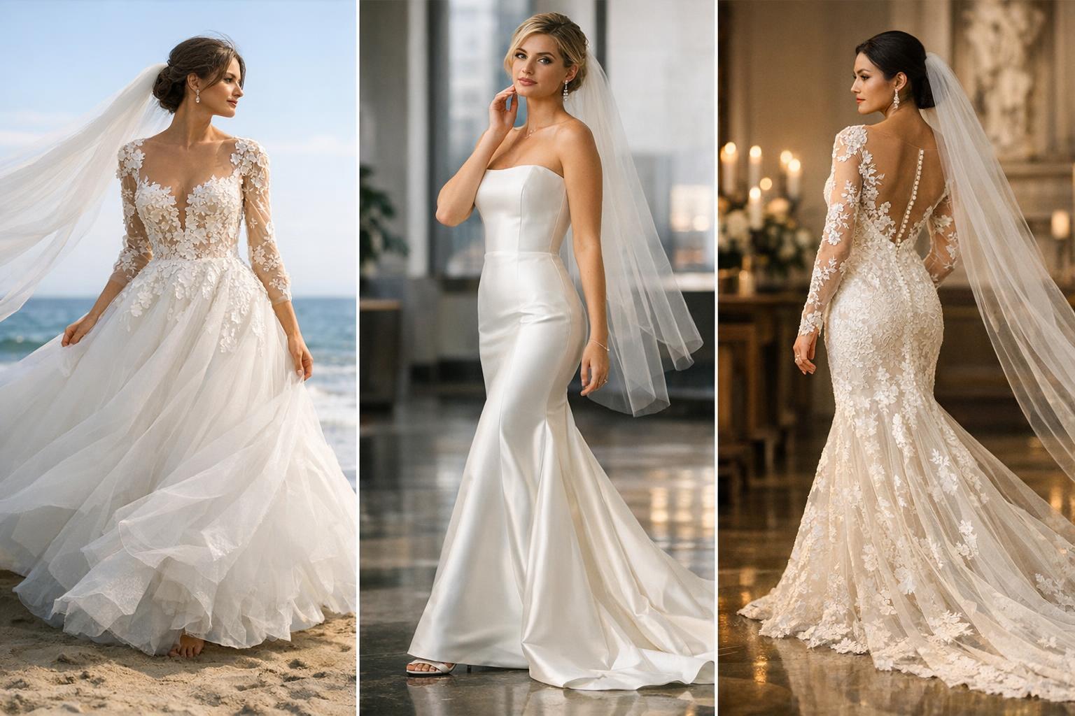 Bride wearing a stunning wedding dress with lace bodice and flowing train in a classic US venue setting