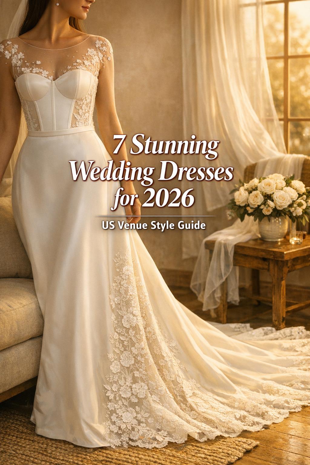 Stunning wedding dresses 2026: bride in structured corset satin gown with dramatic train in warm golden-hour bridal suite