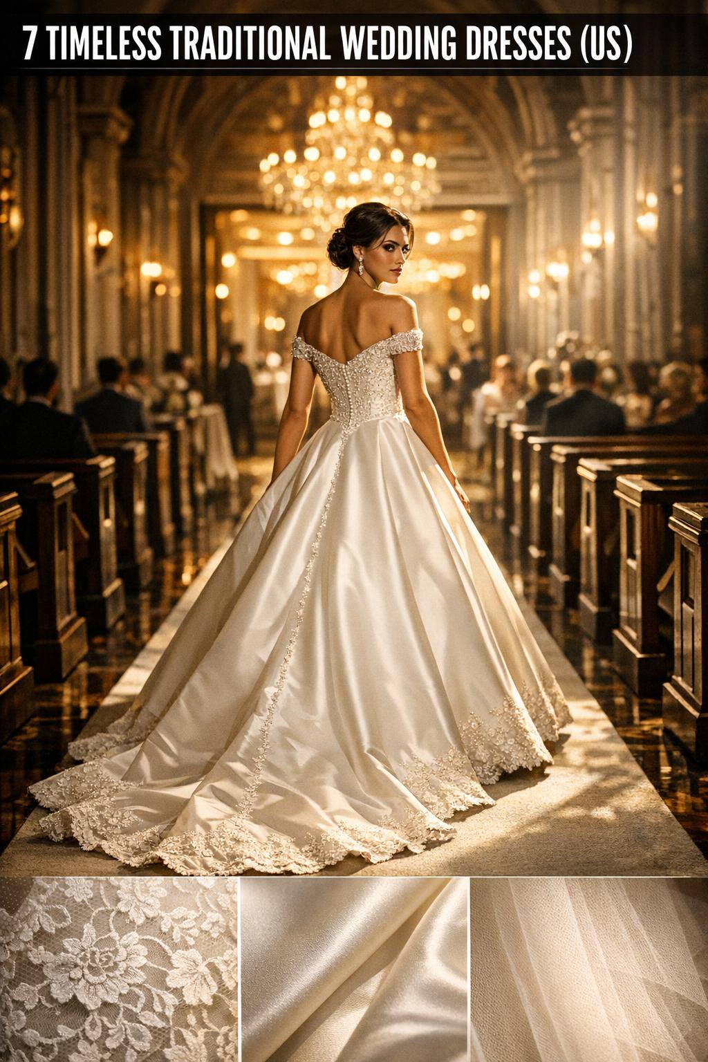 Traditional wedding dresses displayed in a bright bridal boutique, showing detailed lace and embroidery