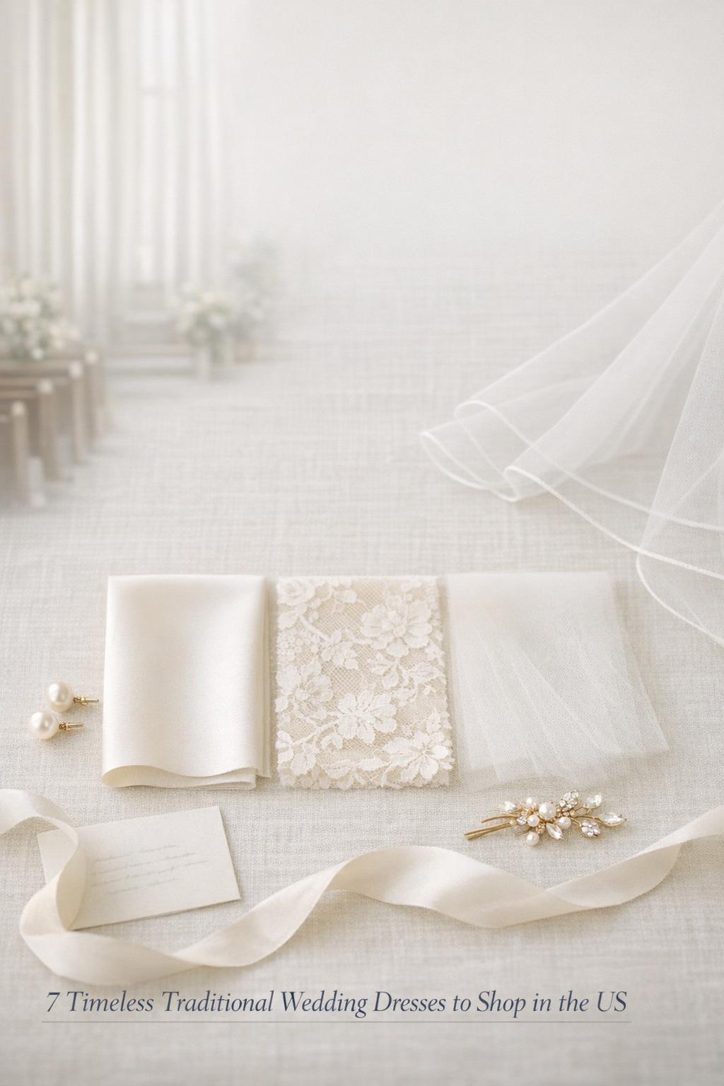 Traditional wedding dresses flat lay with bridal fabric swatches, pearl earrings, veil edge, and ribbon in soft morning light