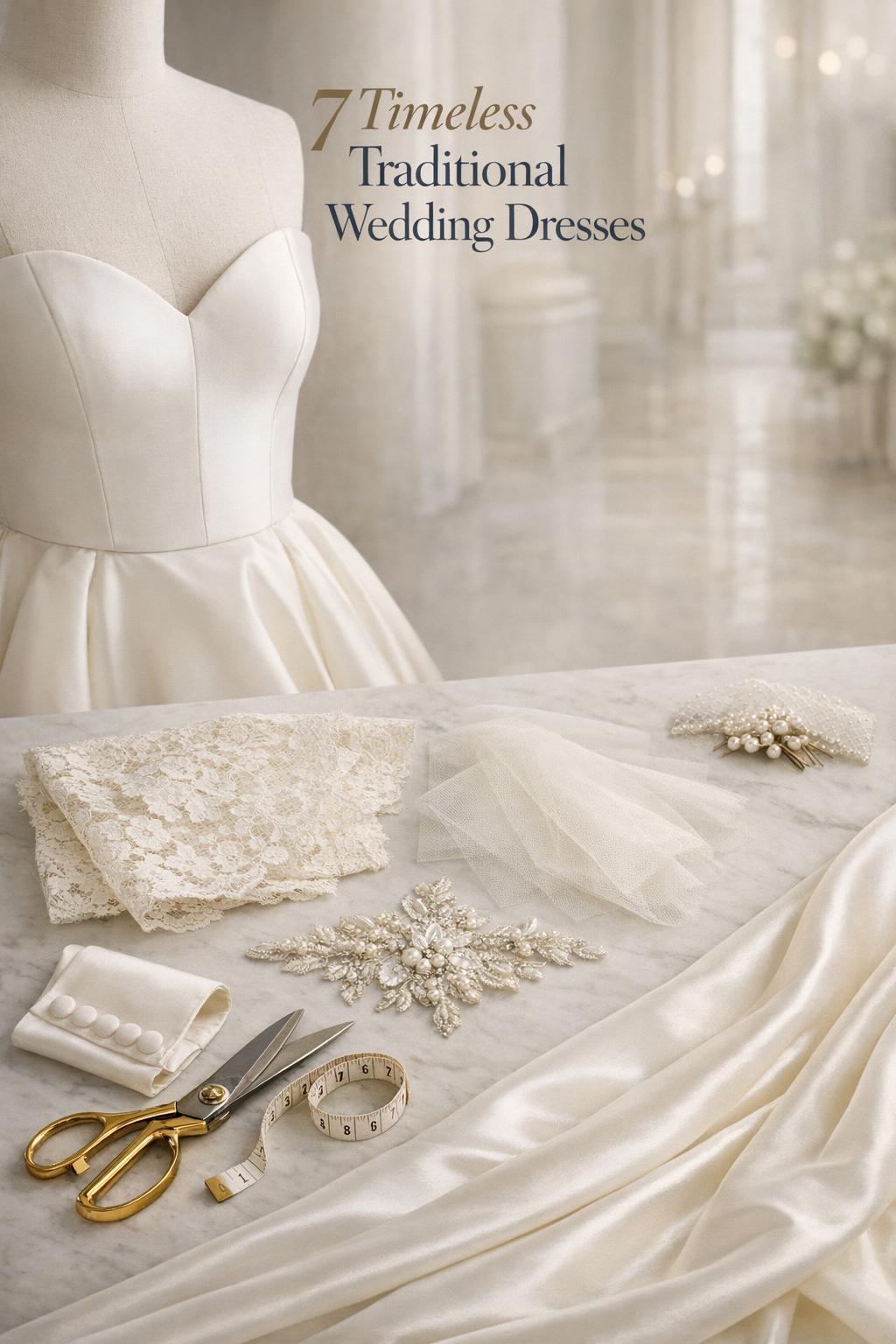 Traditional wedding dresses flat lay with ivory mikado bodice, lace, tulle, beaded appliqué, veil edge, and tailor tools
