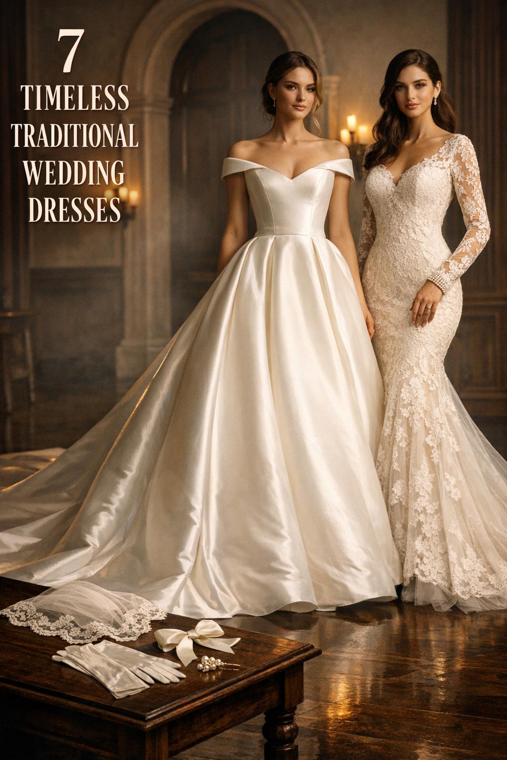 Traditional wedding dresses comparison in a modern ballroom, satin ball gown and lace mermaid gown with editorial lighting