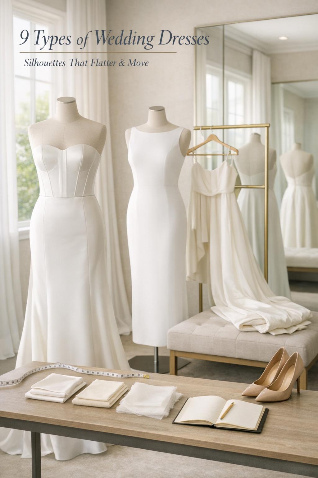 Types of wedding dresses shown in a modern bridal boutique fitting room with mannequins, mirrors, and detachable train.