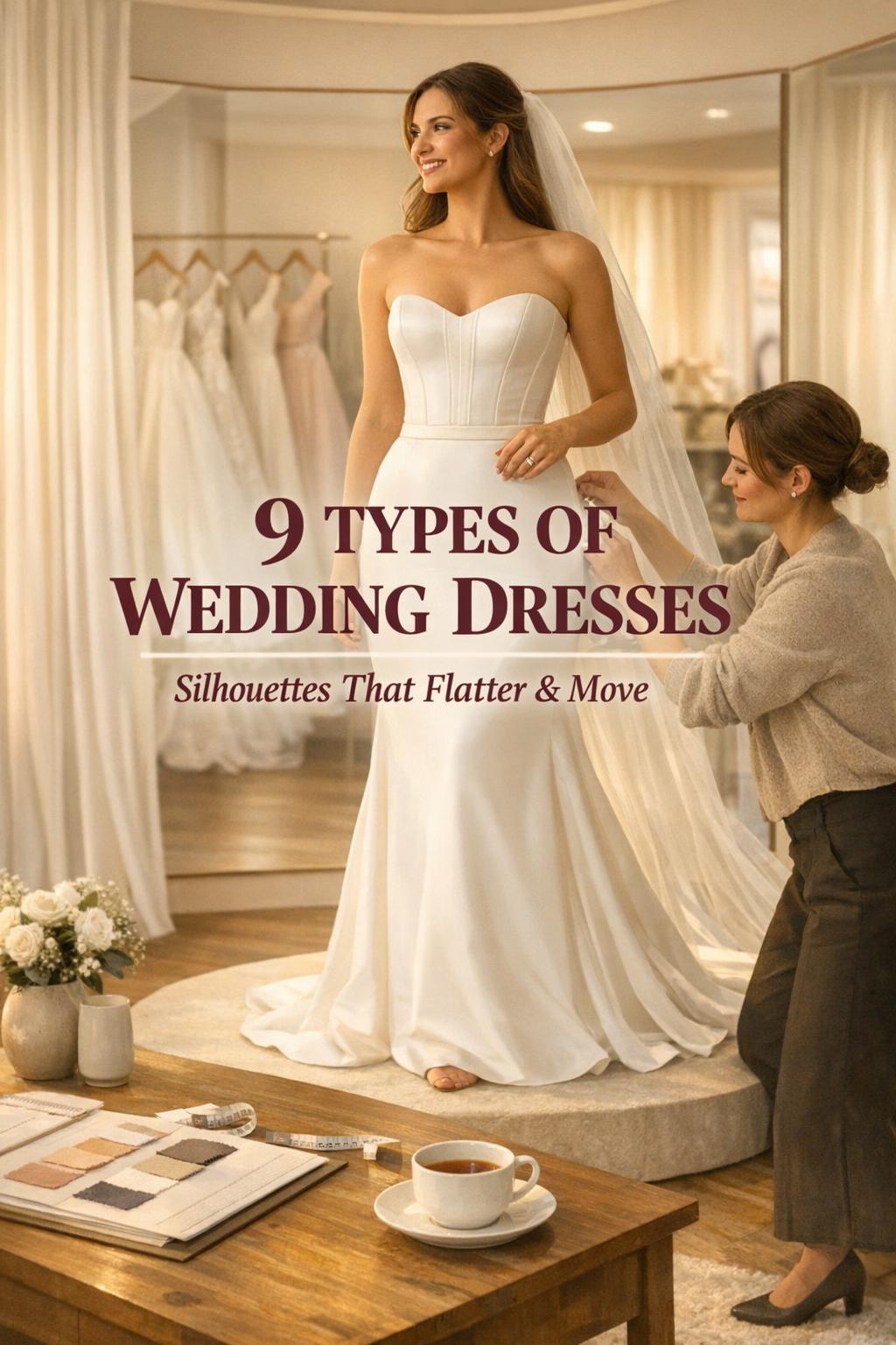 Types of wedding dresses Pinterest cover with bride in ivory gown as stylist adjusts waist in warm bridal boutique fitting room.