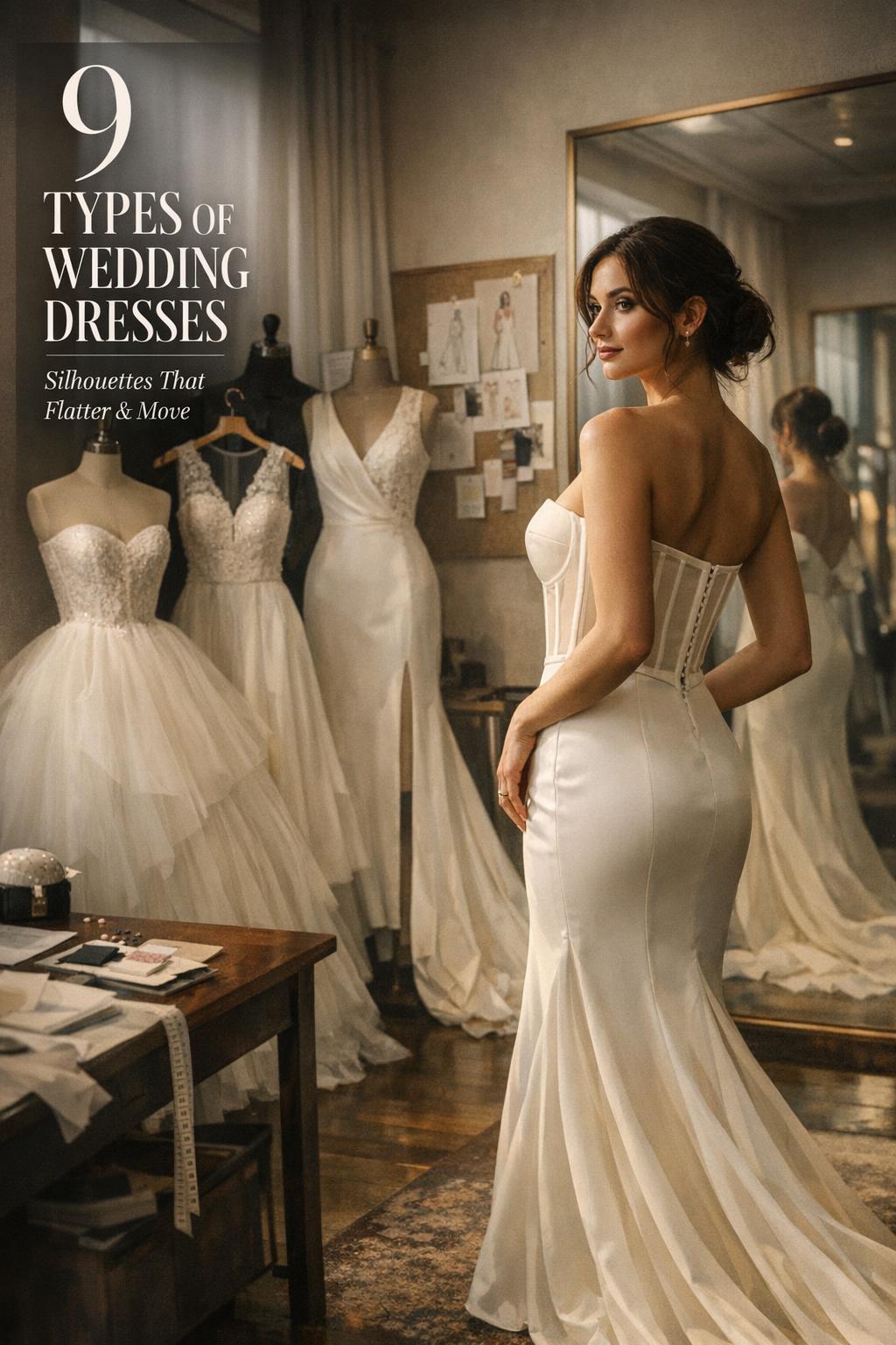 Types of wedding dresses displayed in a modern bridal boutique fitting room with bride trying on a corseted gown