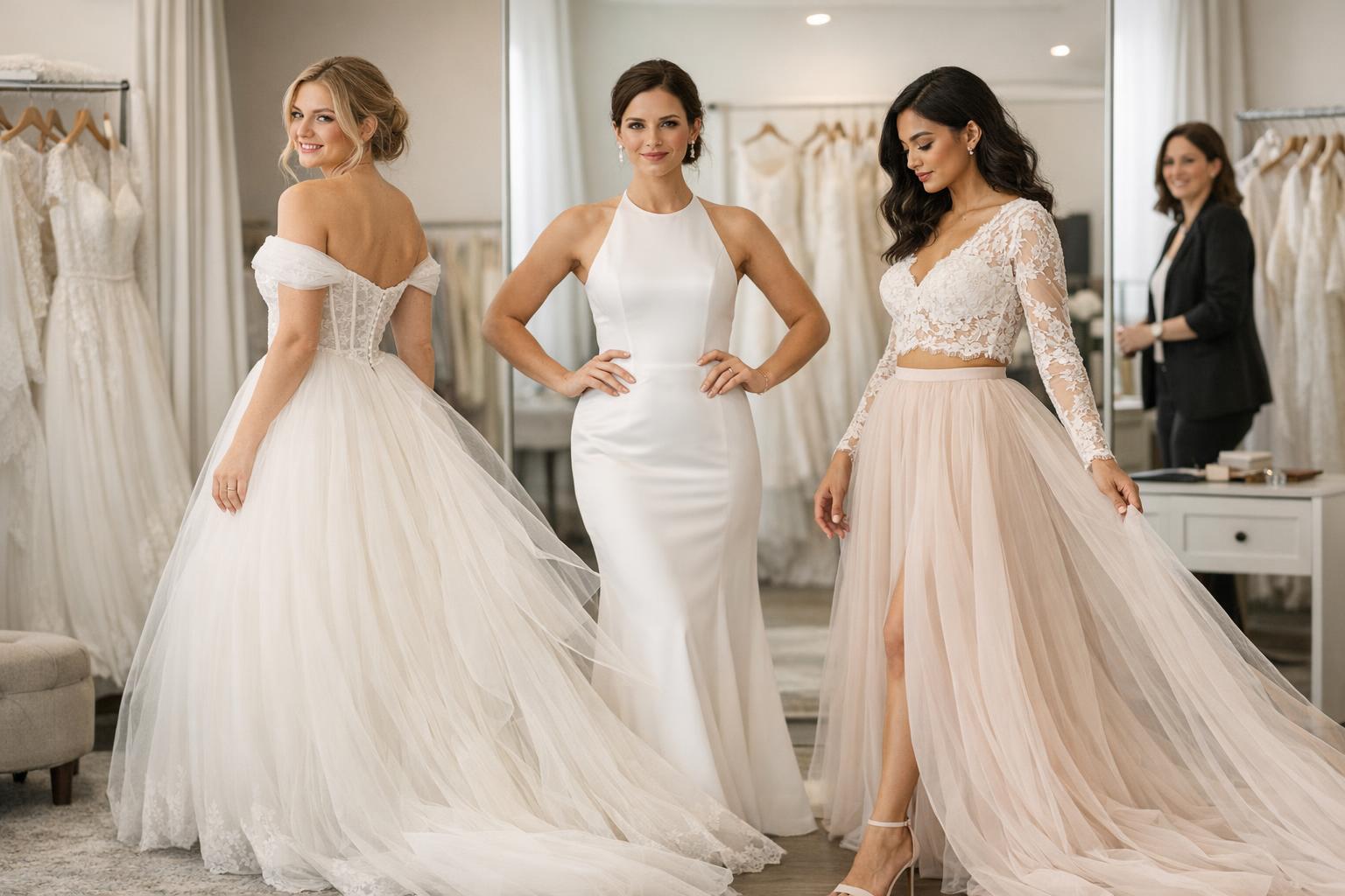 Types of wedding dresses on display in a bridal boutique, showing ball gown, A-line, mermaid, sheath, and empire silhouettes