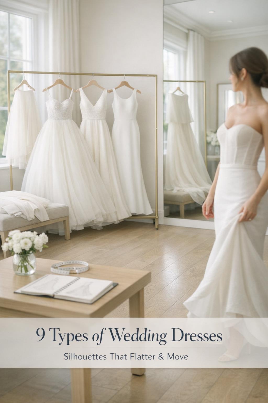 Types of wedding dresses silhouettes in a bright bridal fitting room with bride in corset bodice and skirt near mirrors