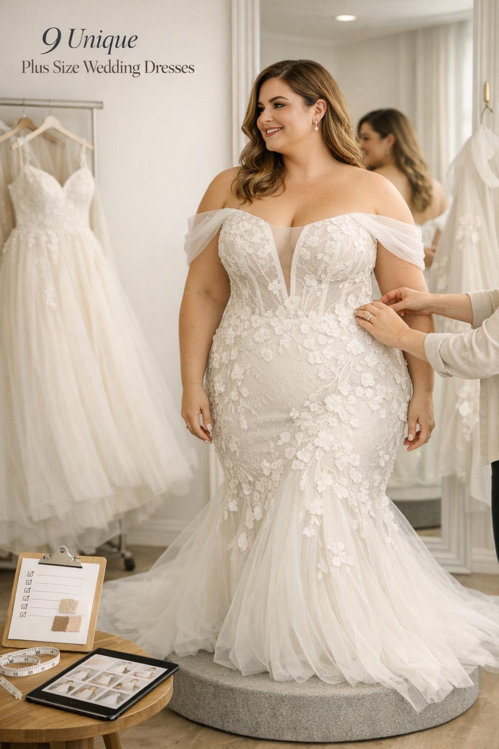 Unique plus size wedding dresses fitting in a bright bridal salon, bride in embroidered off-shoulder gown with stylist adjusting fit