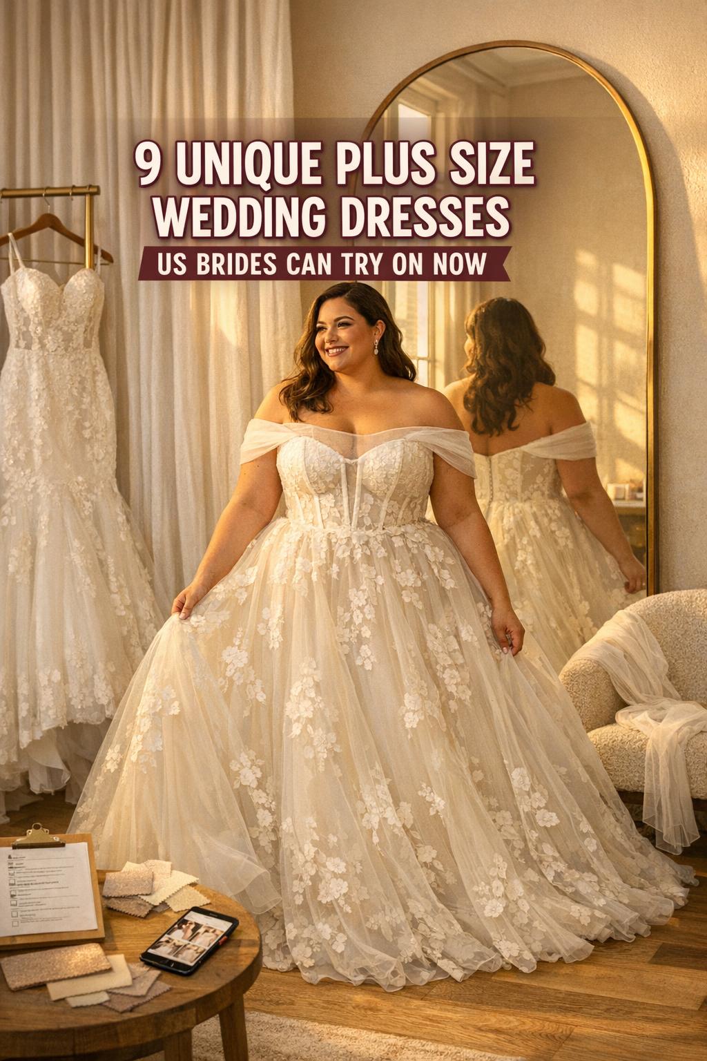 Unique plus size wedding dresses: confident bride in bridal salon trying on statement gown in warm golden-hour light