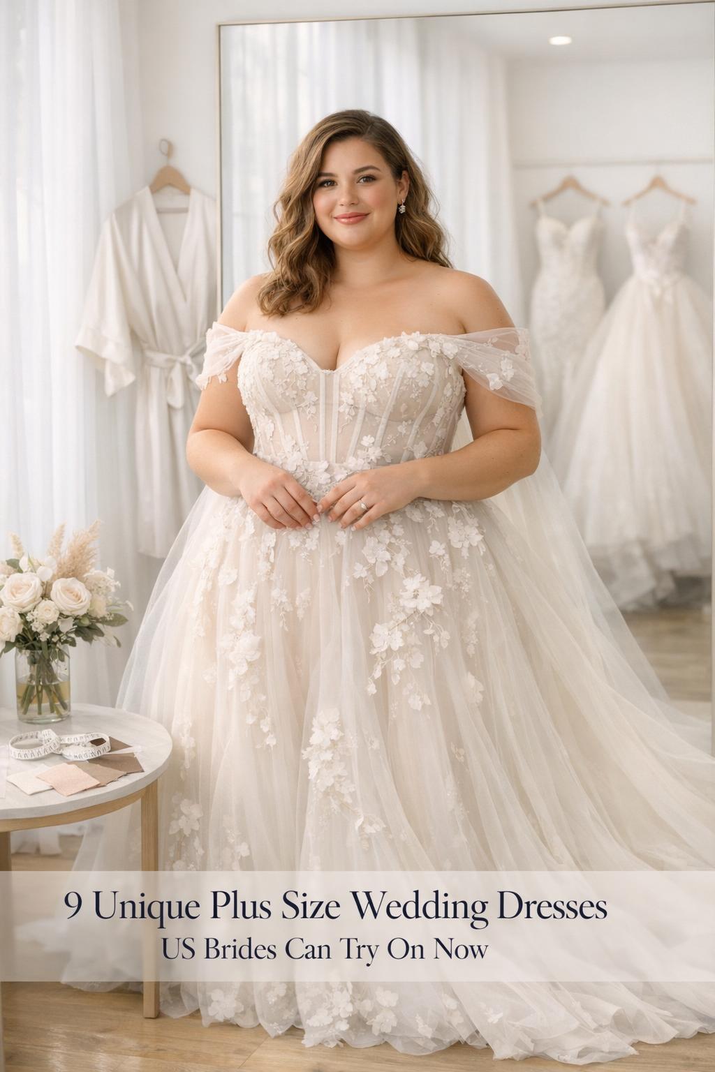 Unique plus size wedding dresses in a bright U.S. bridal salon, plus-size bride in off-shoulder gown by window light.