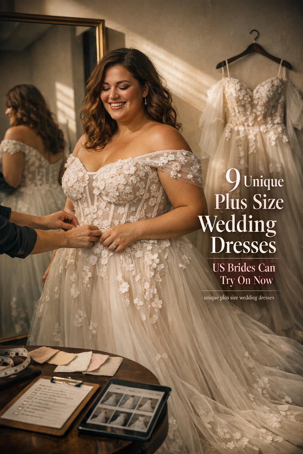 Unique plus size wedding dresses being fitted in a modern U.S. bridal salon, with dramatic window light and a corset gown