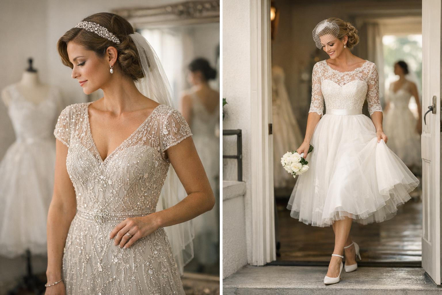 Bride in vintage inspired wedding dress with lace bodice, beaded details, and timeless silhouette in soft natural light