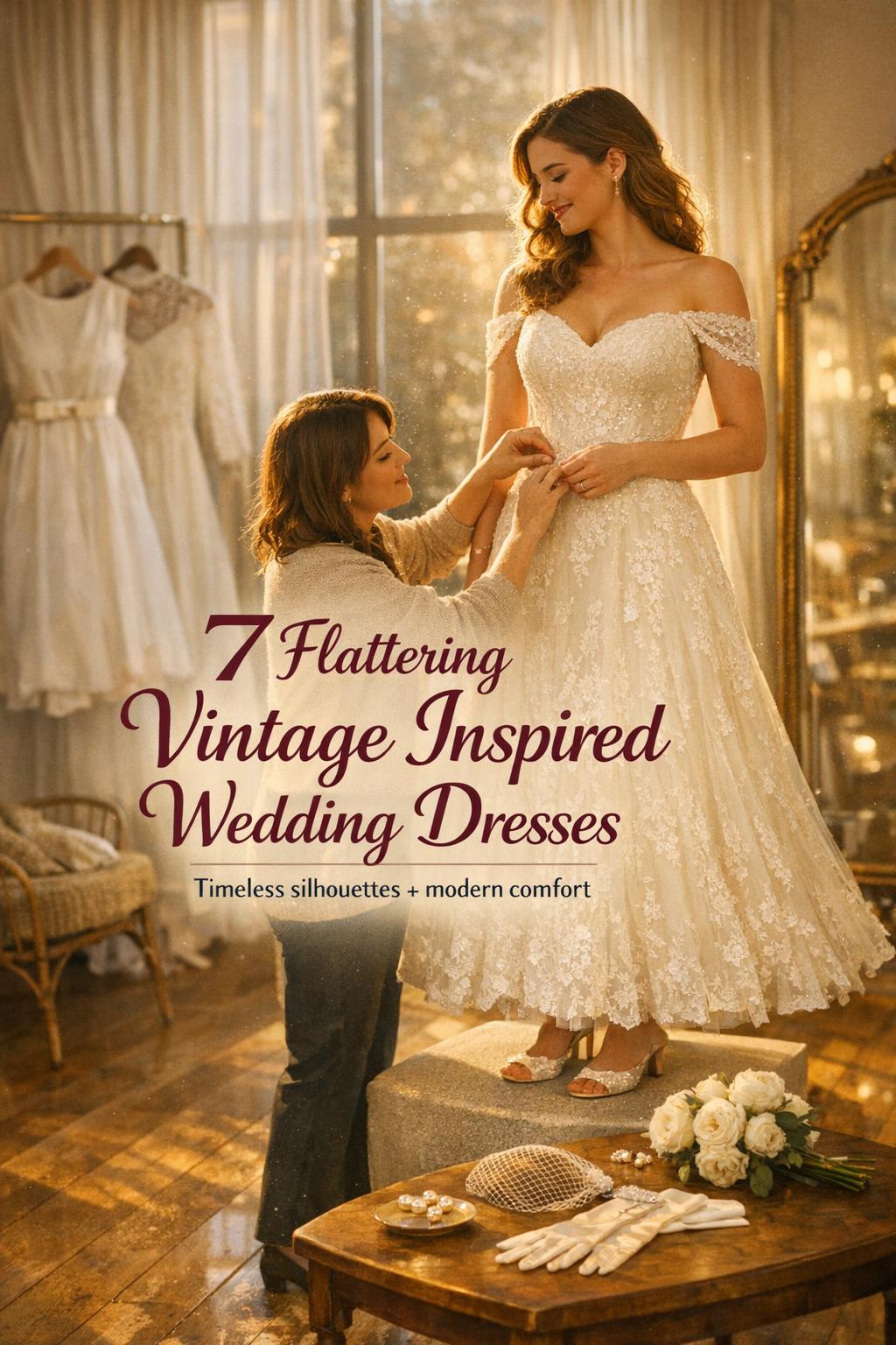 Bride in salon fitting during golden hour wearing vintage inspired wedding dresses with lace bodice and off-shoulder sleeves