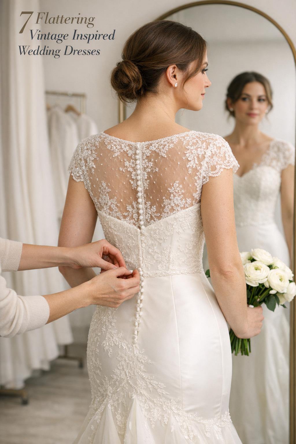 Bride trying on vintage inspired wedding dresses in a modern bridal salon mirror while stylist pins the waist seam