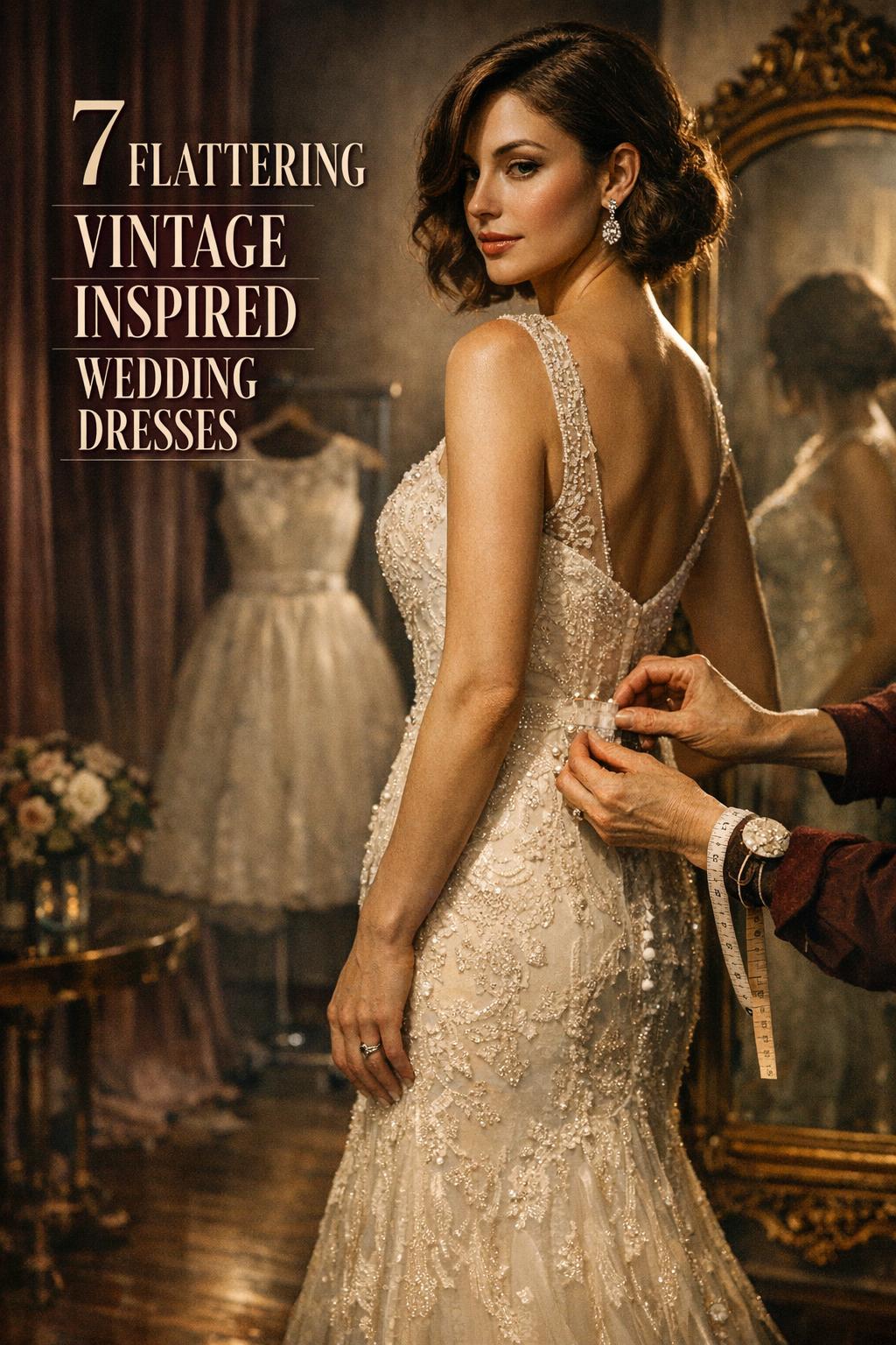 Bride fitting in a bridal salon wearing vintage inspired wedding dresses with seamstress pinning waist by antique mirror