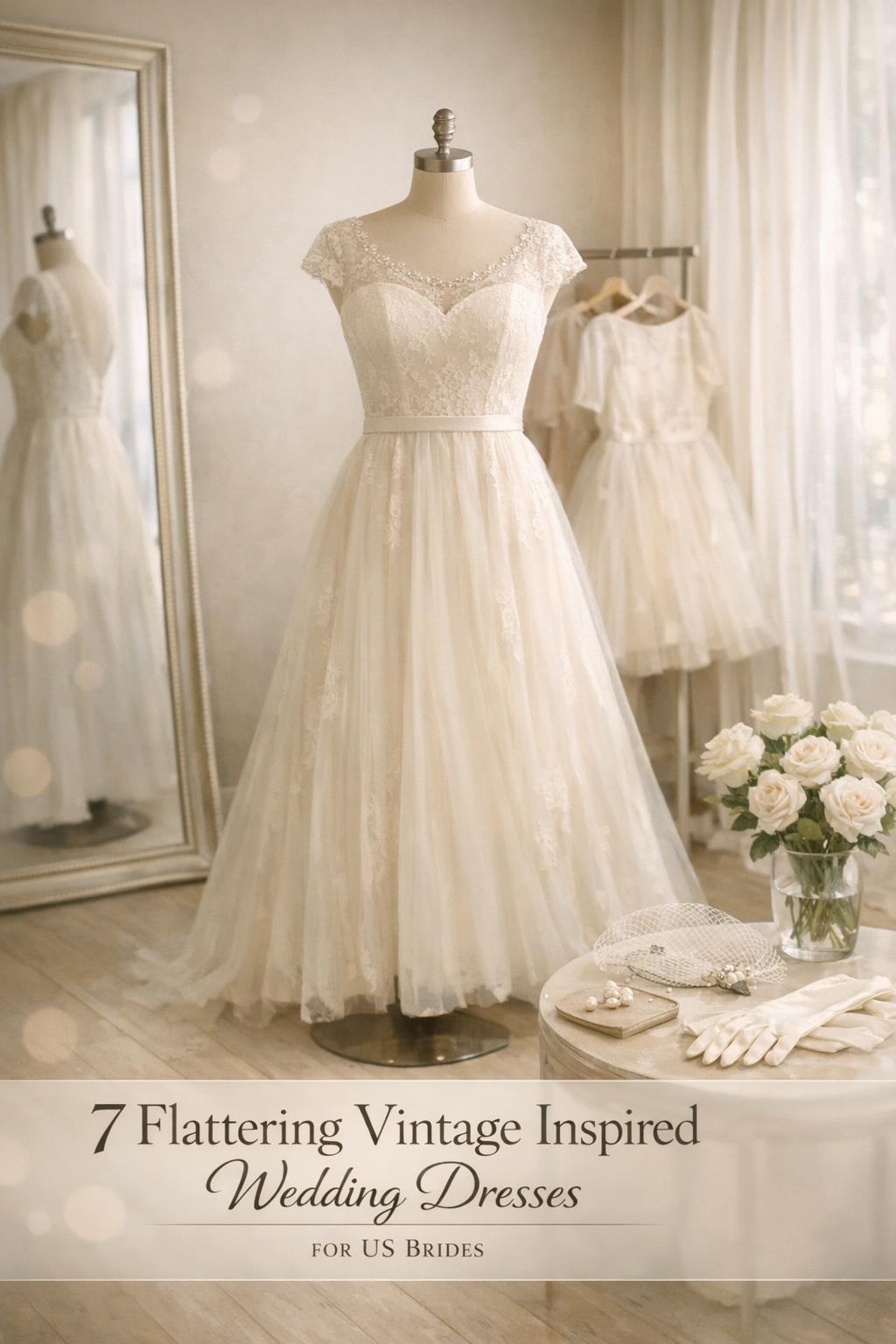 Vintage inspired wedding dresses in a bright bridal salon fitting room with mannequin gown, mirror, and elegant accessories.