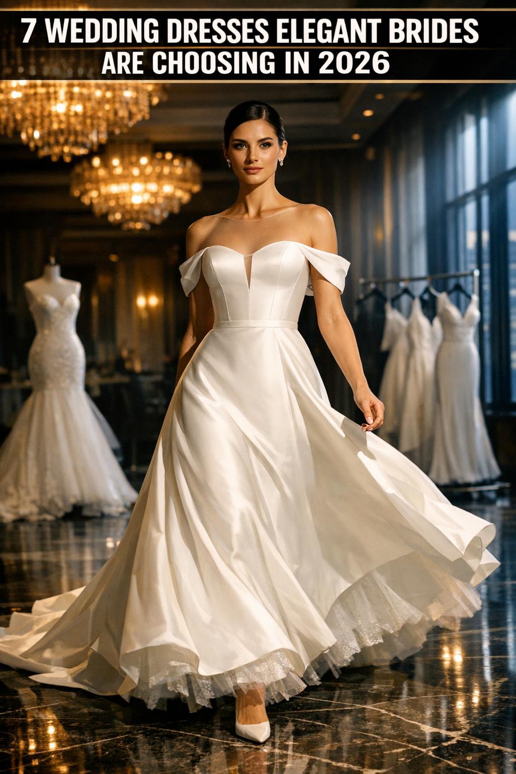Elegant wedding dresses displayed in a bright bridal boutique, featuring lace and satin gowns on mannequins