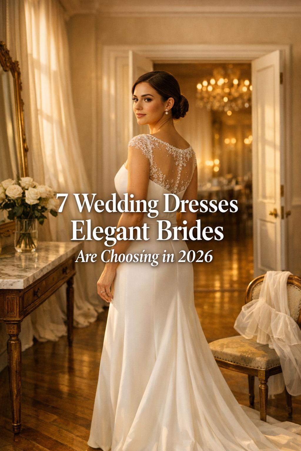 wedding dresses elegant bride in a warm bridal suite, wearing a structured satin gown with lace details in golden-hour light