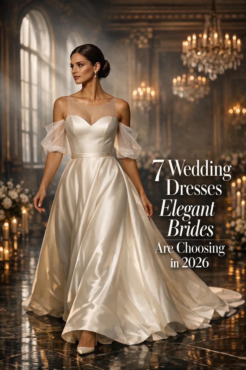 Moody bridal editorial photo of bride in classic ballroom with text overlay, wedding dresses elegant