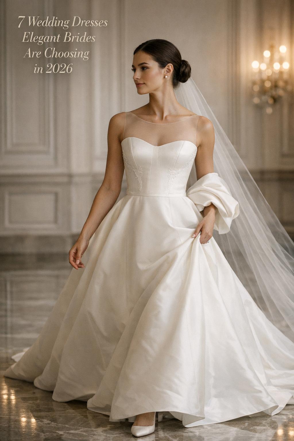 wedding dresses elegant bride in a classic ballroom, structured satin gown mid-step with soft chandelier bokeh and marble floor