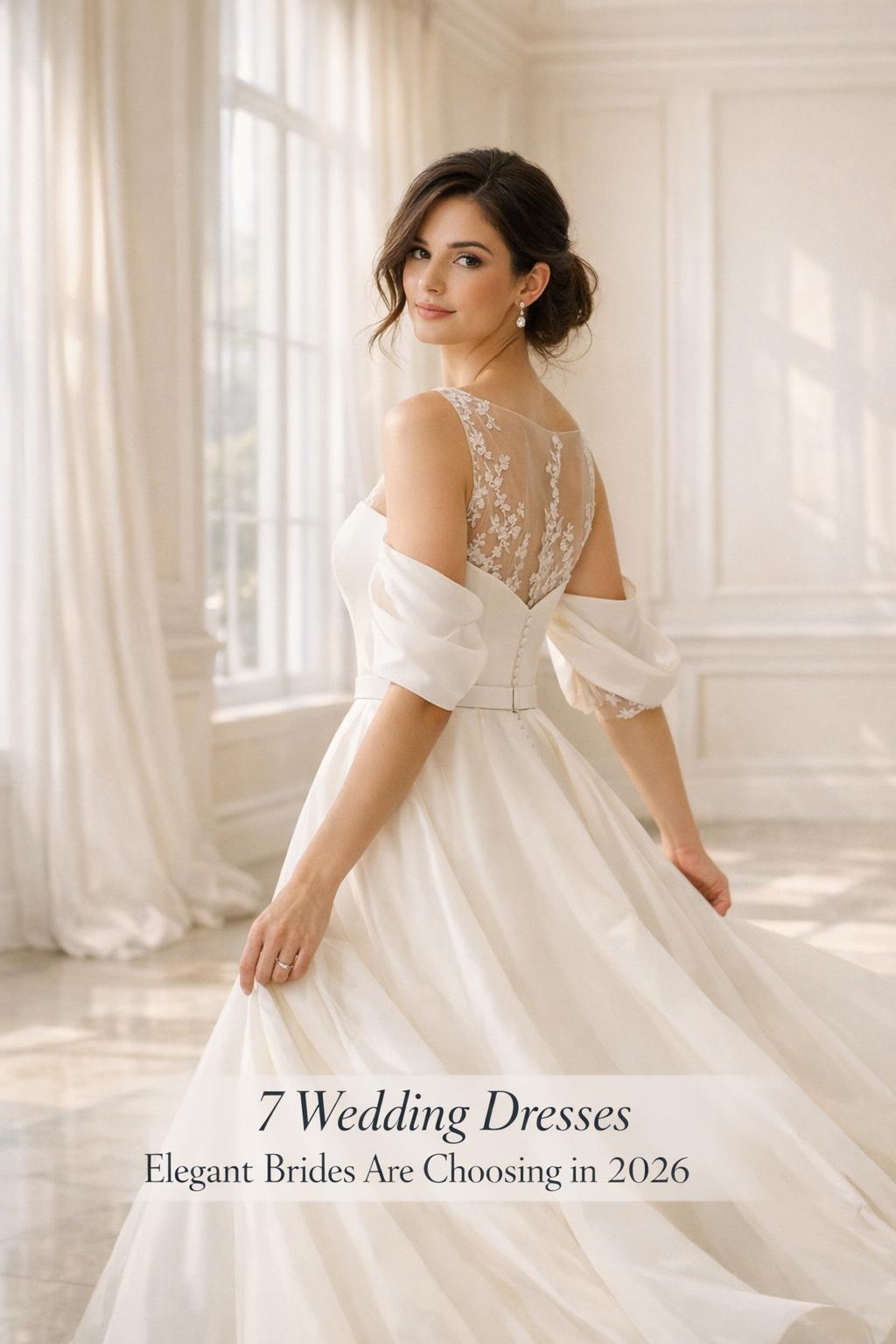 Bride in a sunlit ballroom wearing a structured satin gown, showcasing wedding dresses elegant 2026 trends