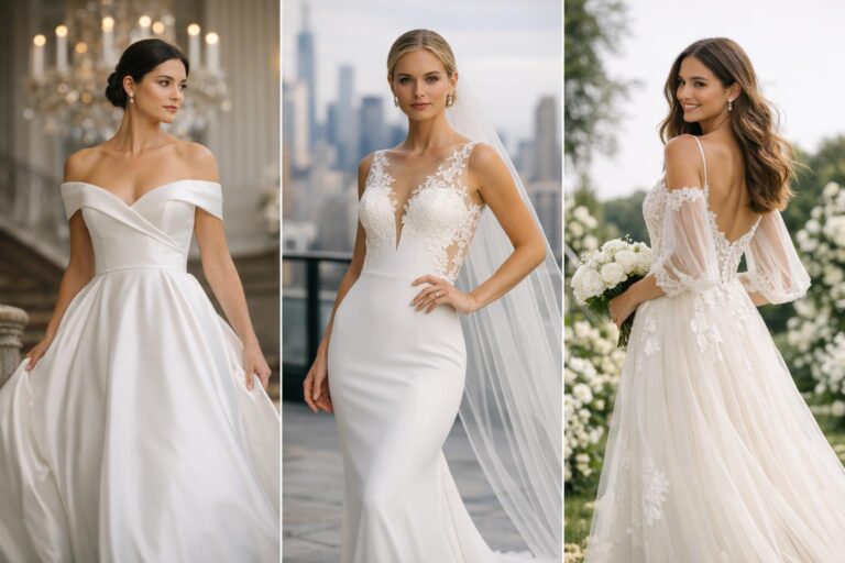 Wedding dresses elegant in a timeless satin A-line gown with structured bodice and long train, photographed in soft light