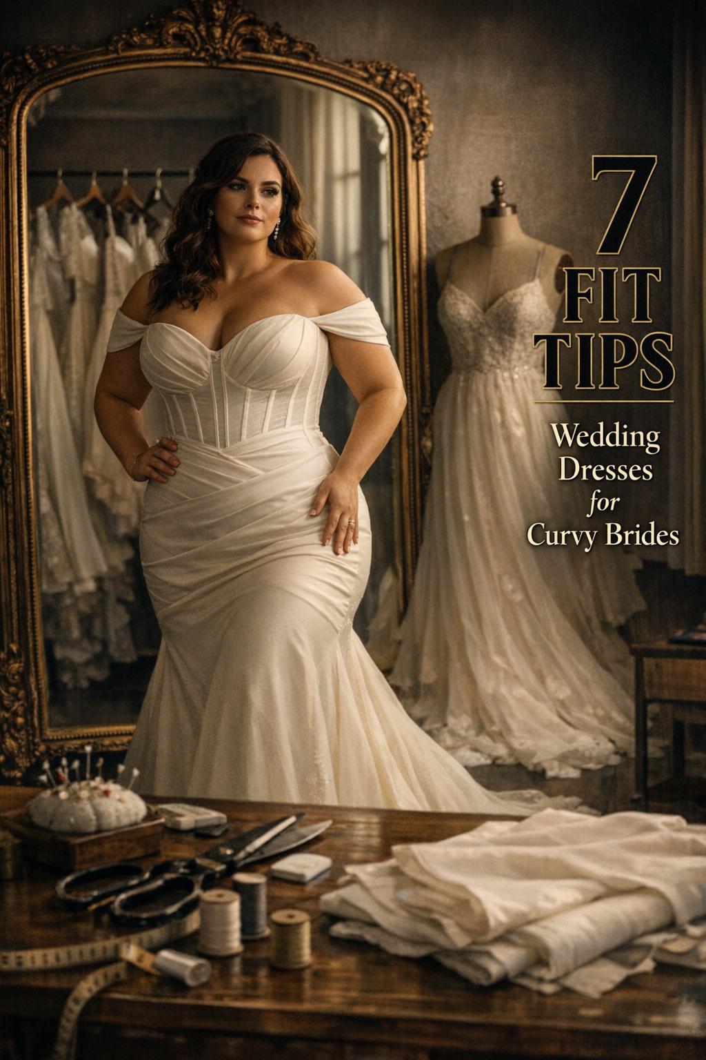 Wedding dresses for curvy brides in a moody bridal boutique fitting room with corset bodice detail and seamstress table