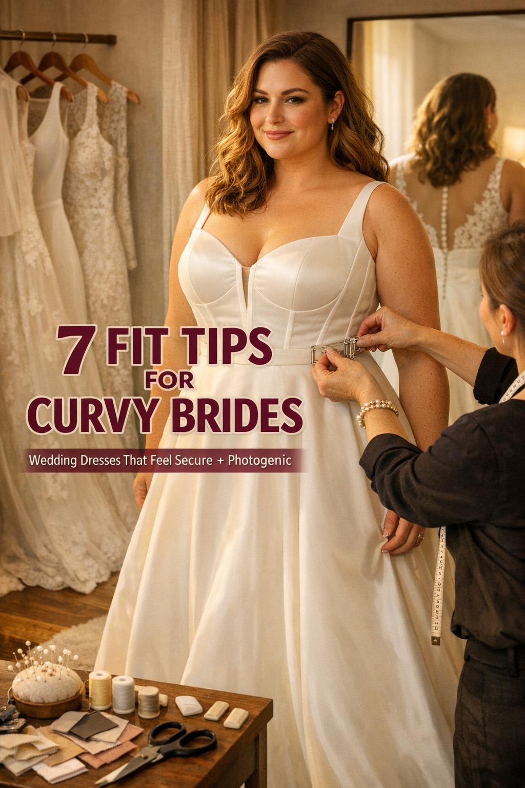 Wedding dresses for curvy brides in a bridal boutique fitting room, seamstress pinning a structured ivory gown at golden hour.