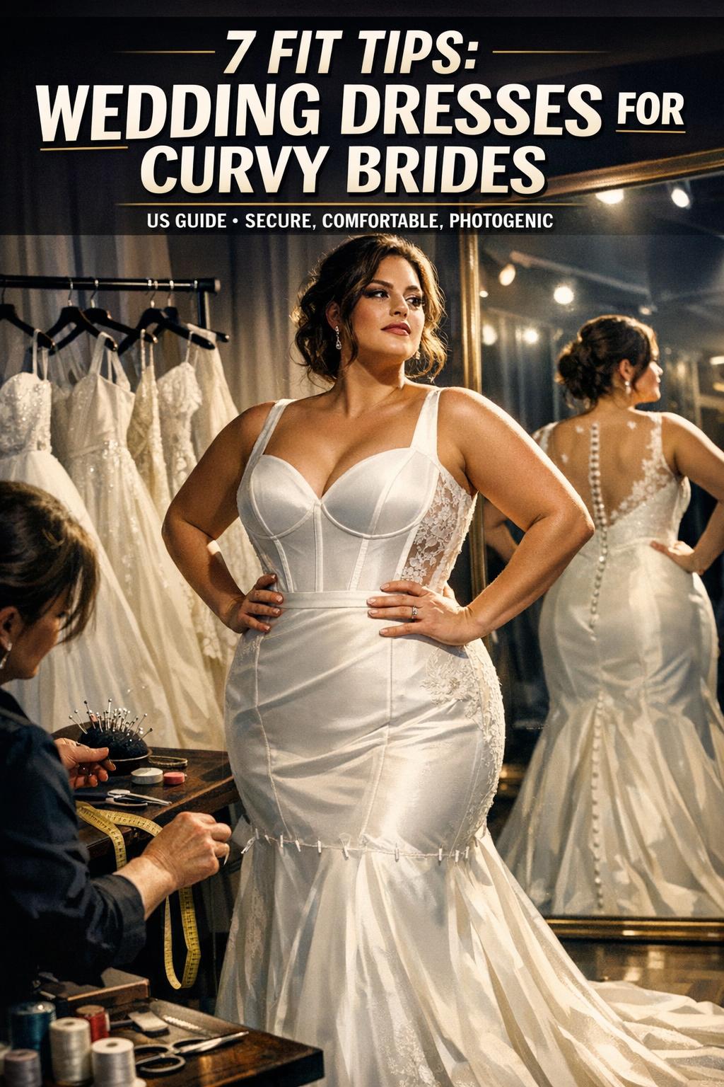 Wedding dresses for curvy brides displayed on elegant mannequins in a bright bridal boutique showroom