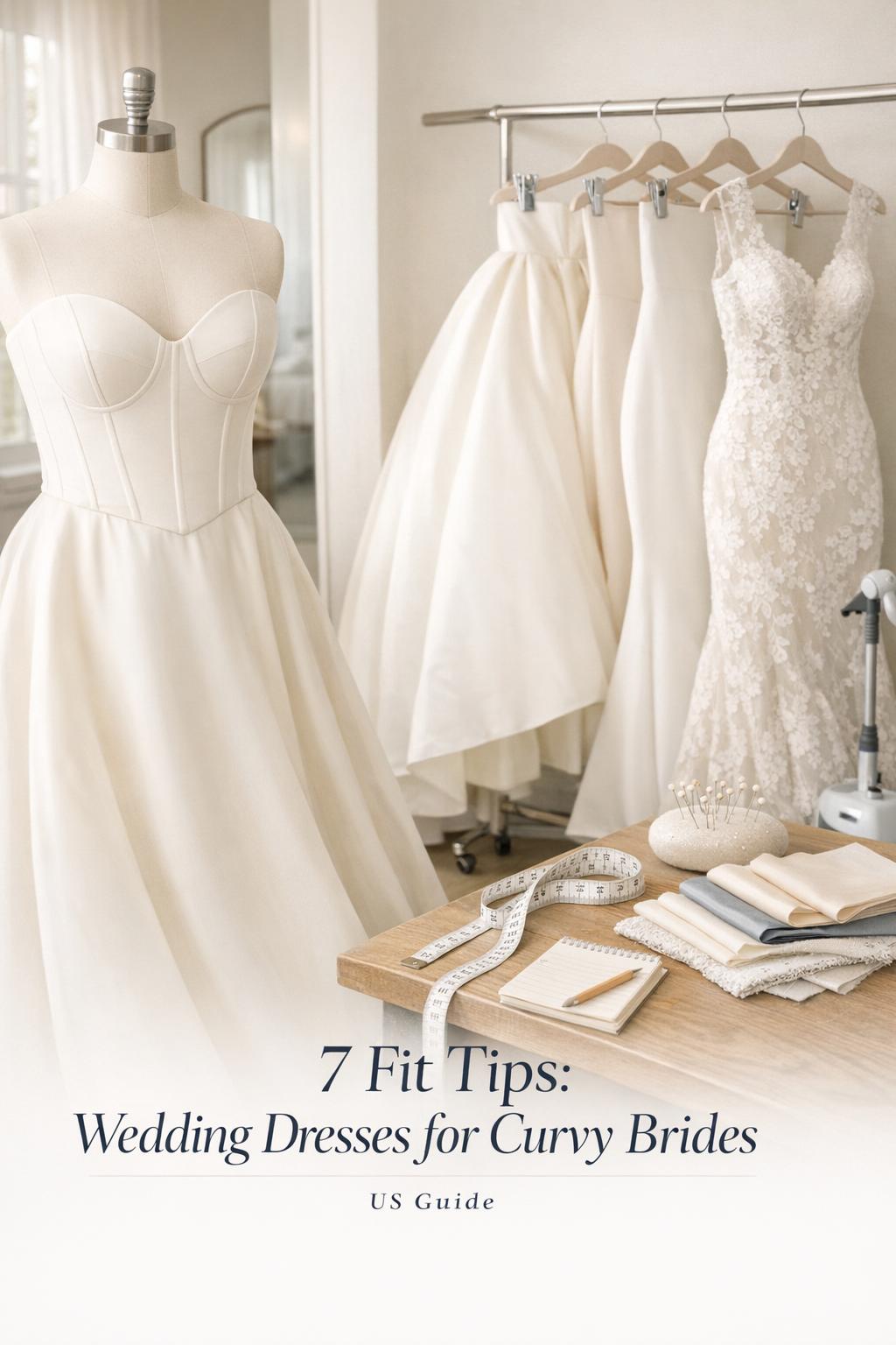 Bridal boutique fitting room with ivory corset gown and samples, wedding dresses for curvy brides guide text overlay