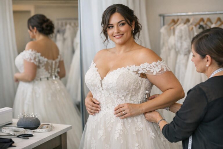 Wedding dresses for curvy brides featuring flattering A-line silhouette with supportive bodice and elegant lace details