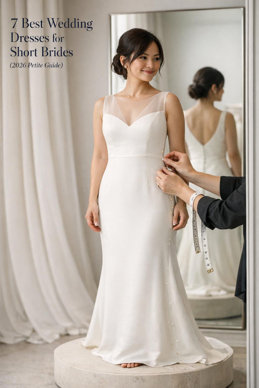 Petite bride in boutique fitting room wearing an ivory gown as stylist pins the waist, wedding dresses for short brides