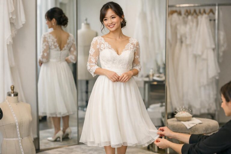 Wedding dresses for short brides: petite bride in an A-line gown with a high waist and V-neck in a bright bridal boutique