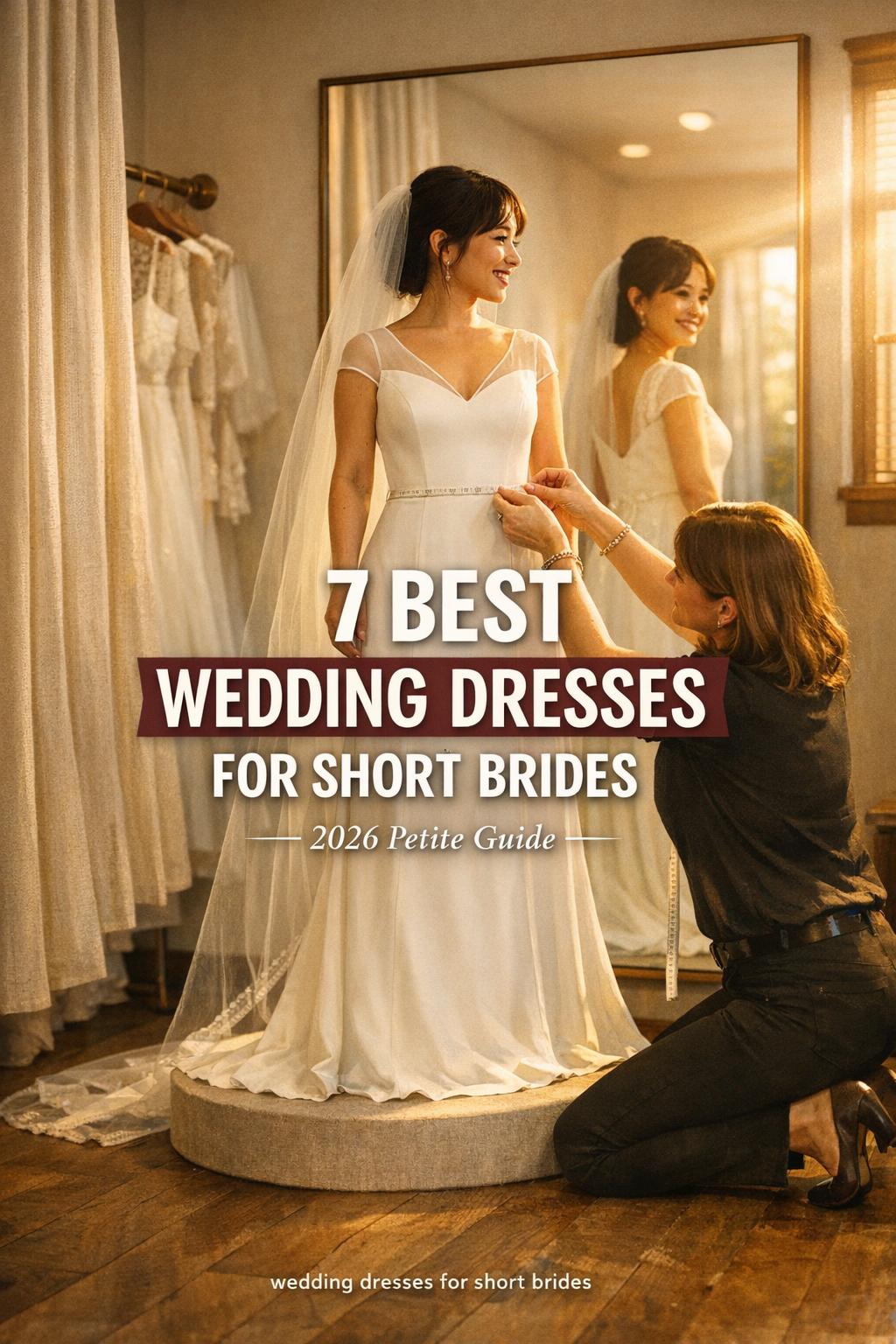 Petite bride in boutique fitting room as stylist pins hem, showcasing wedding dresses for short brides in warm golden light