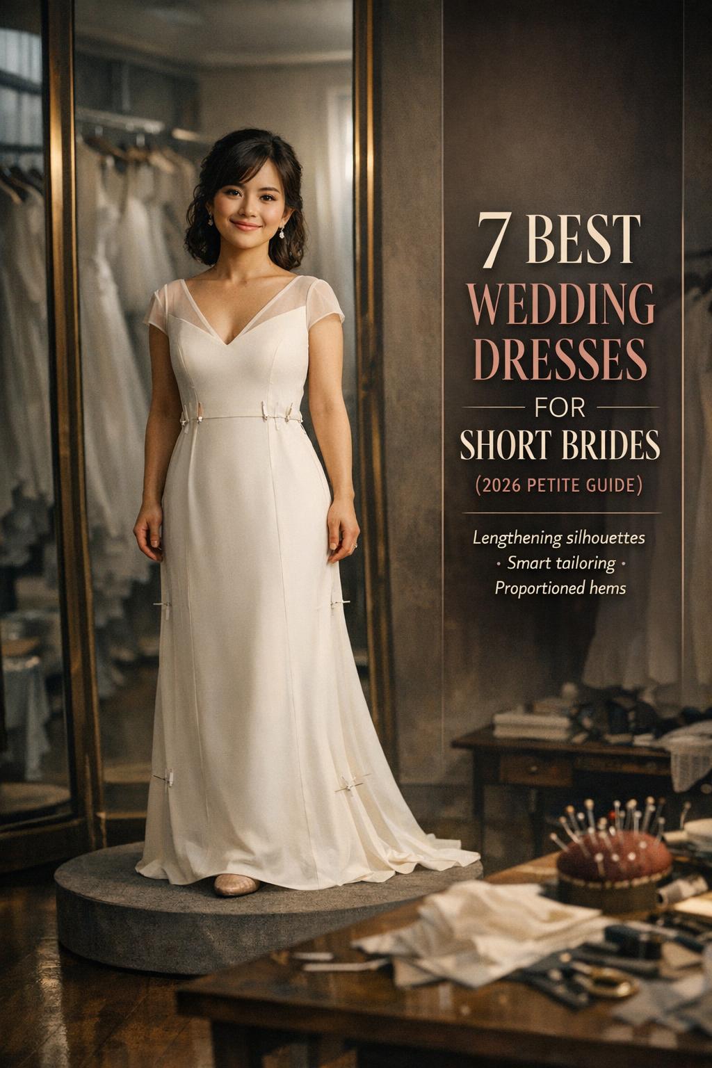 Wedding dresses for short brides in an upscale bridal boutique fitting room, petite bride in ivory gown with tailoring pins.