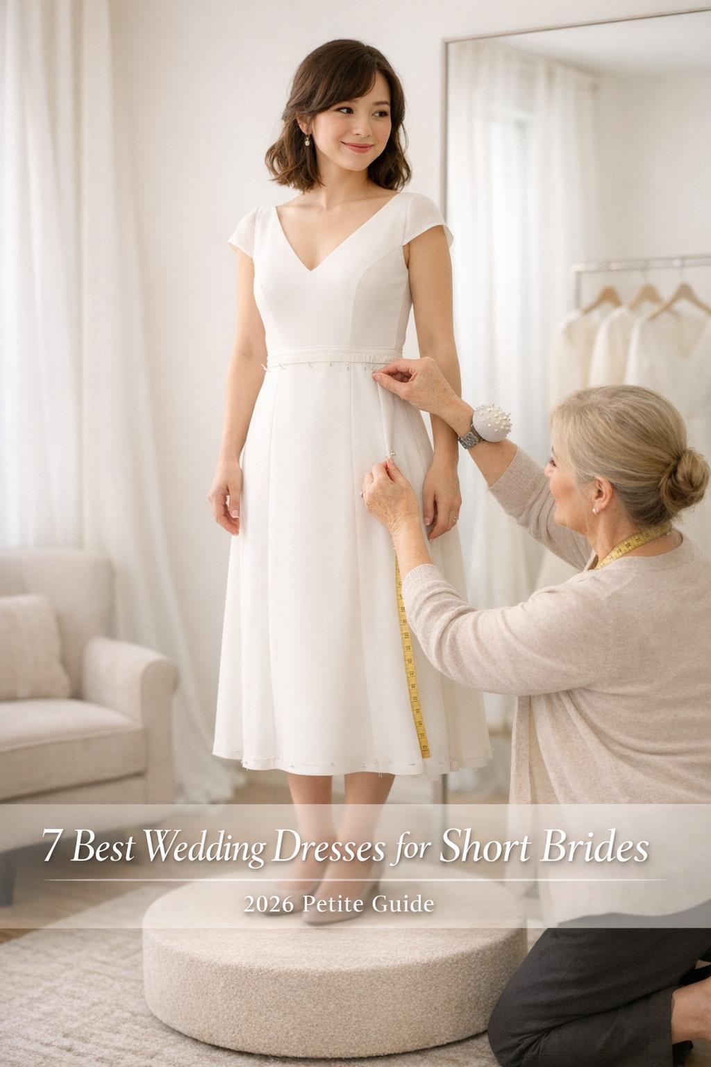 Bride fitting in boutique with seamstress adjusting gown, guide to wedding dresses for short brides
