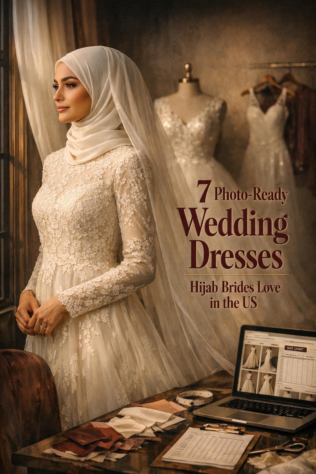 Wedding dresses hijab bride in a moody bridal atelier with window light and online size chart details at dusk
