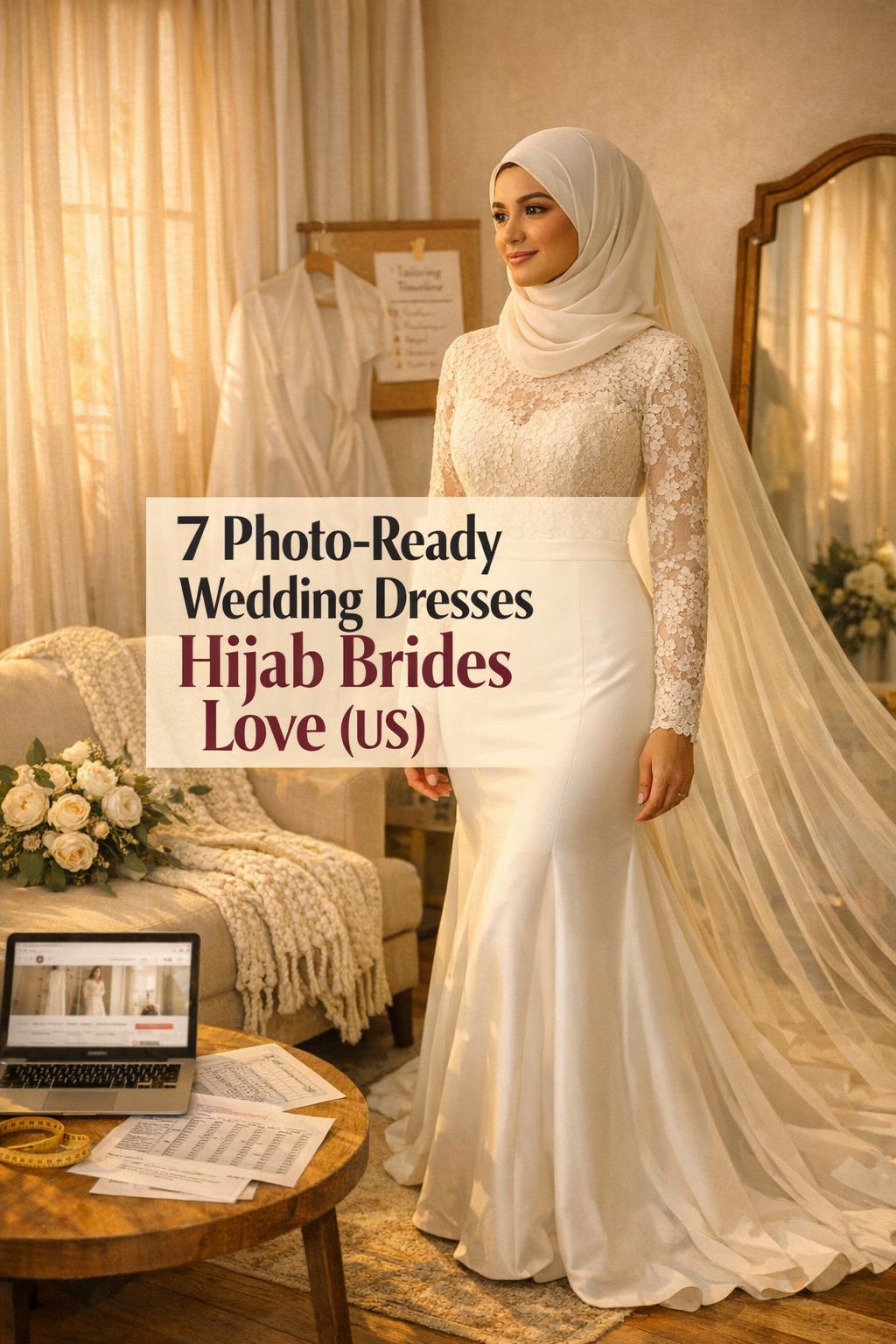 Wedding dresses hijab bride trying on an elegant ivory gown in a cozy golden-hour bridal boutique with mirror and laptop