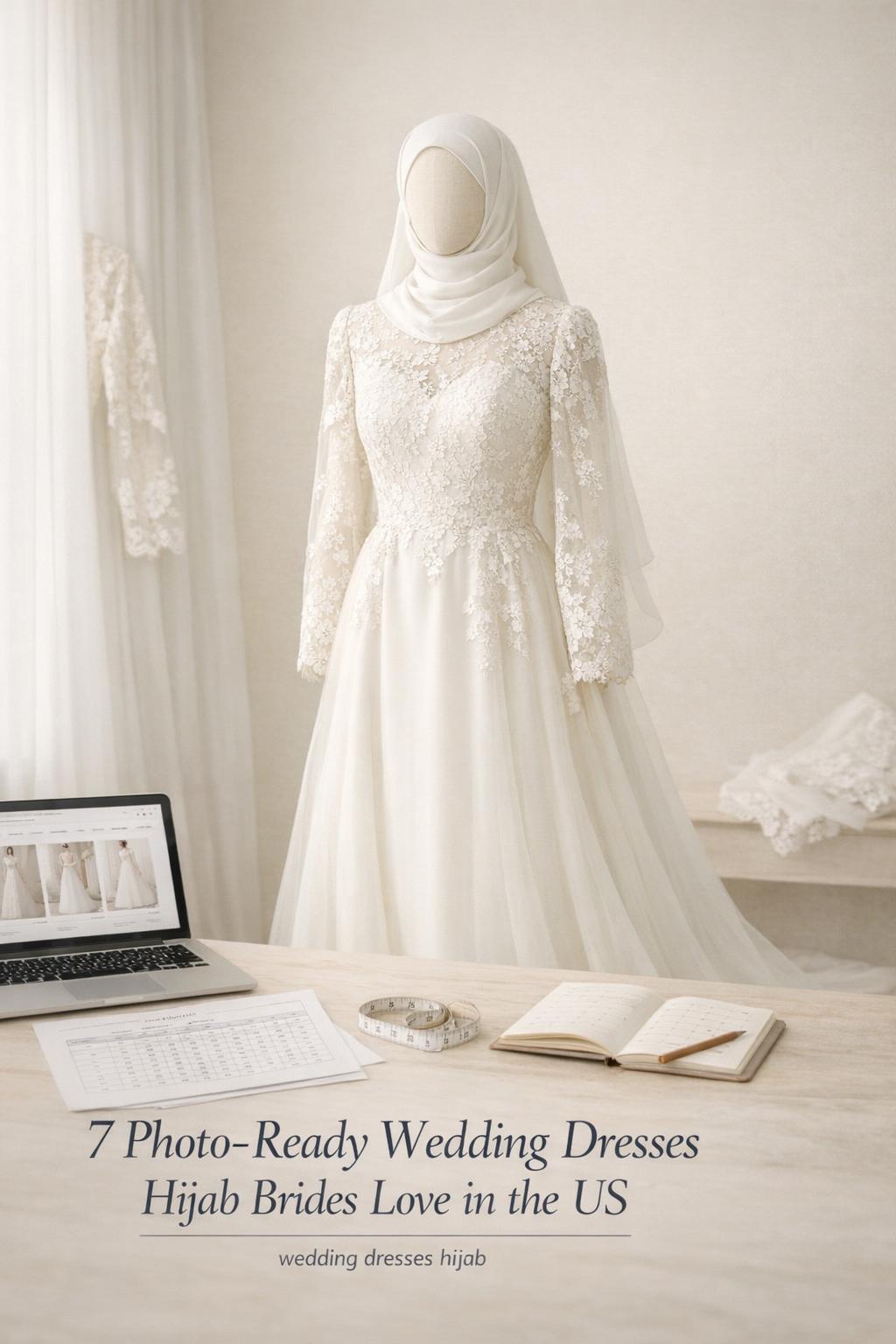 Wedding dresses hijab: modest ivory bridal gown on mannequin in bright studio with laptop and measuring tape