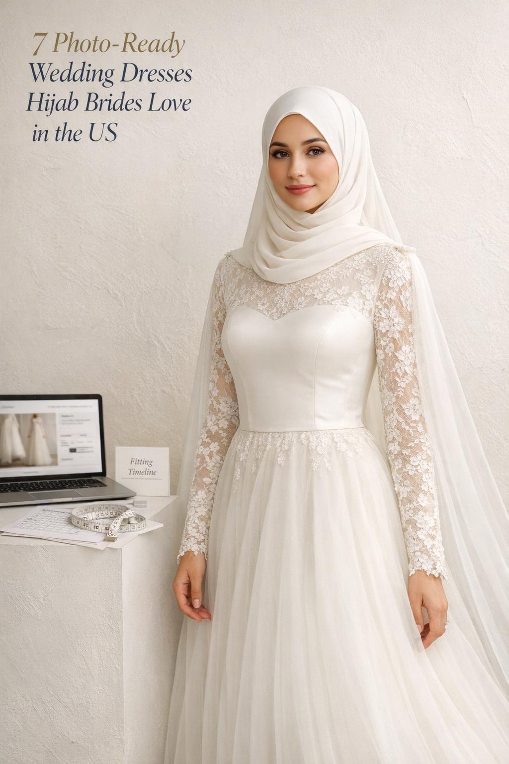 Wedding dresses hijab editorial photo of a modest satin bridal gown with ivory hijab in a modern bridal studio showroom