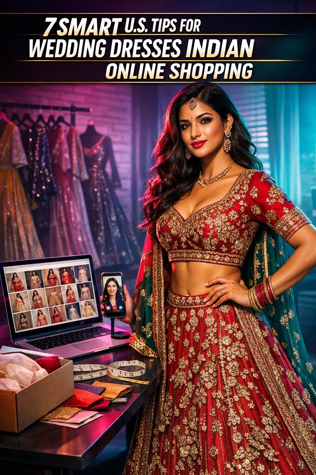 Indian wedding dresses displayed on mannequins in a bridal boutique, featuring rich embroidery and traditional silhouettes