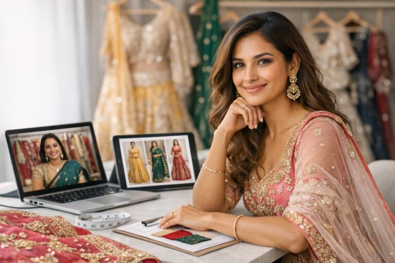 Bride in elegant wedding dresses indian lehenga with intricate embroidery, photographed in soft natural light