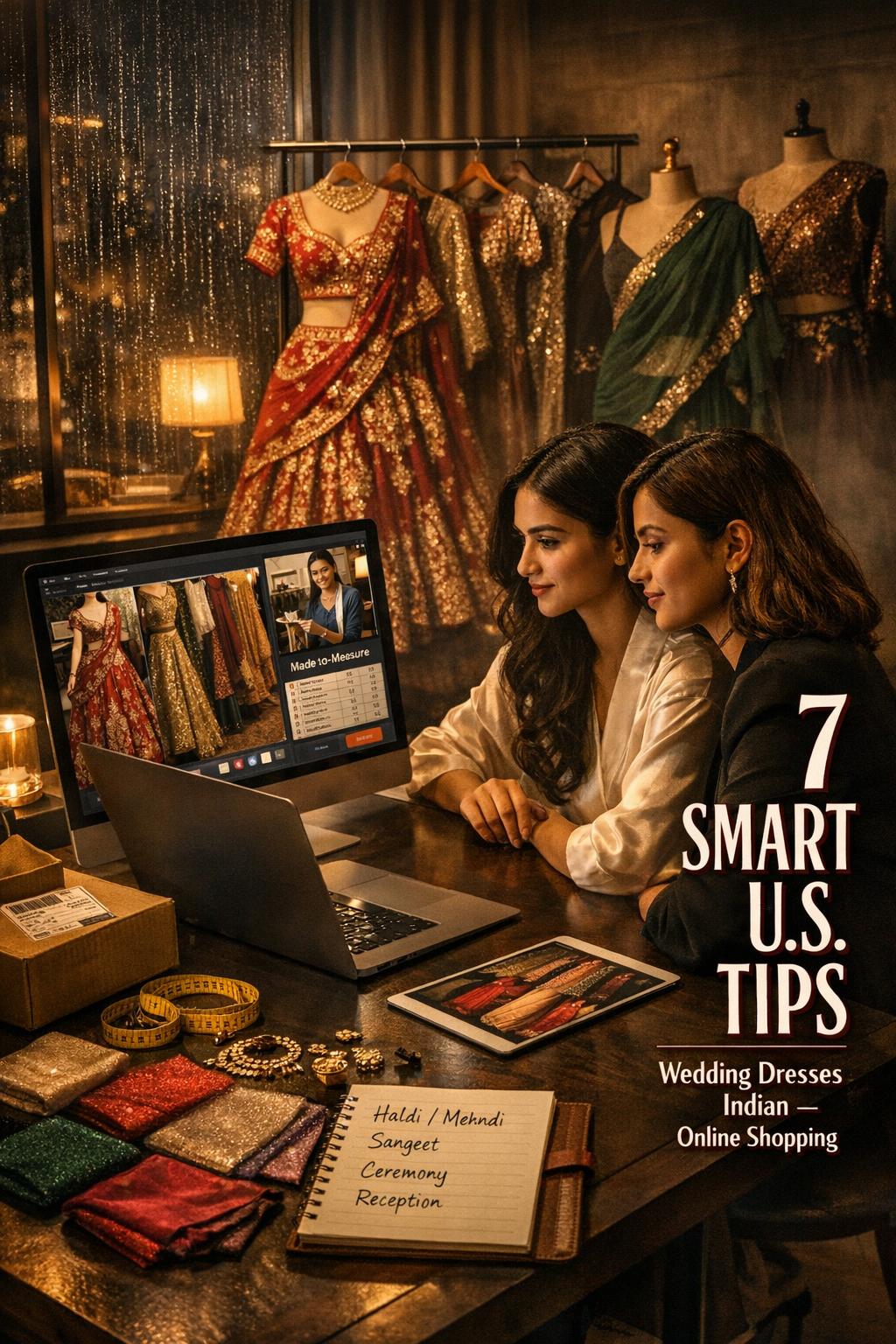 wedding dresses indian online shopping consult in a modern apartment, bride and friend reviewing catalogs and measuring notes