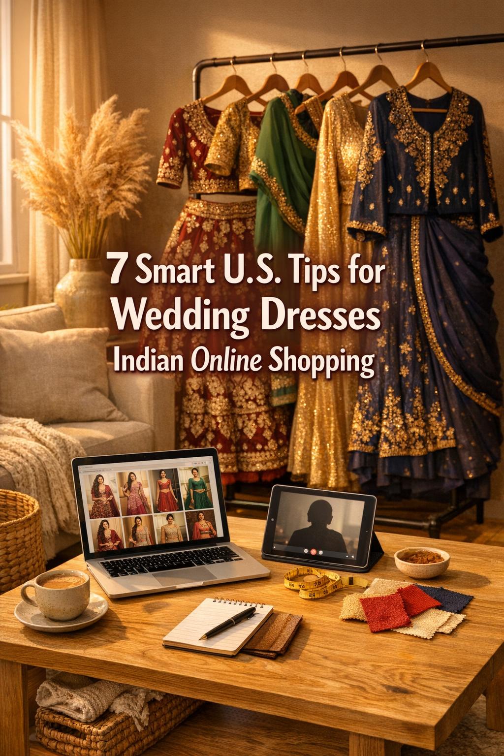 Wedding dresses Indian online shopping setup in a cozy living room with laptop catalog and colorful lehenga and saree rack