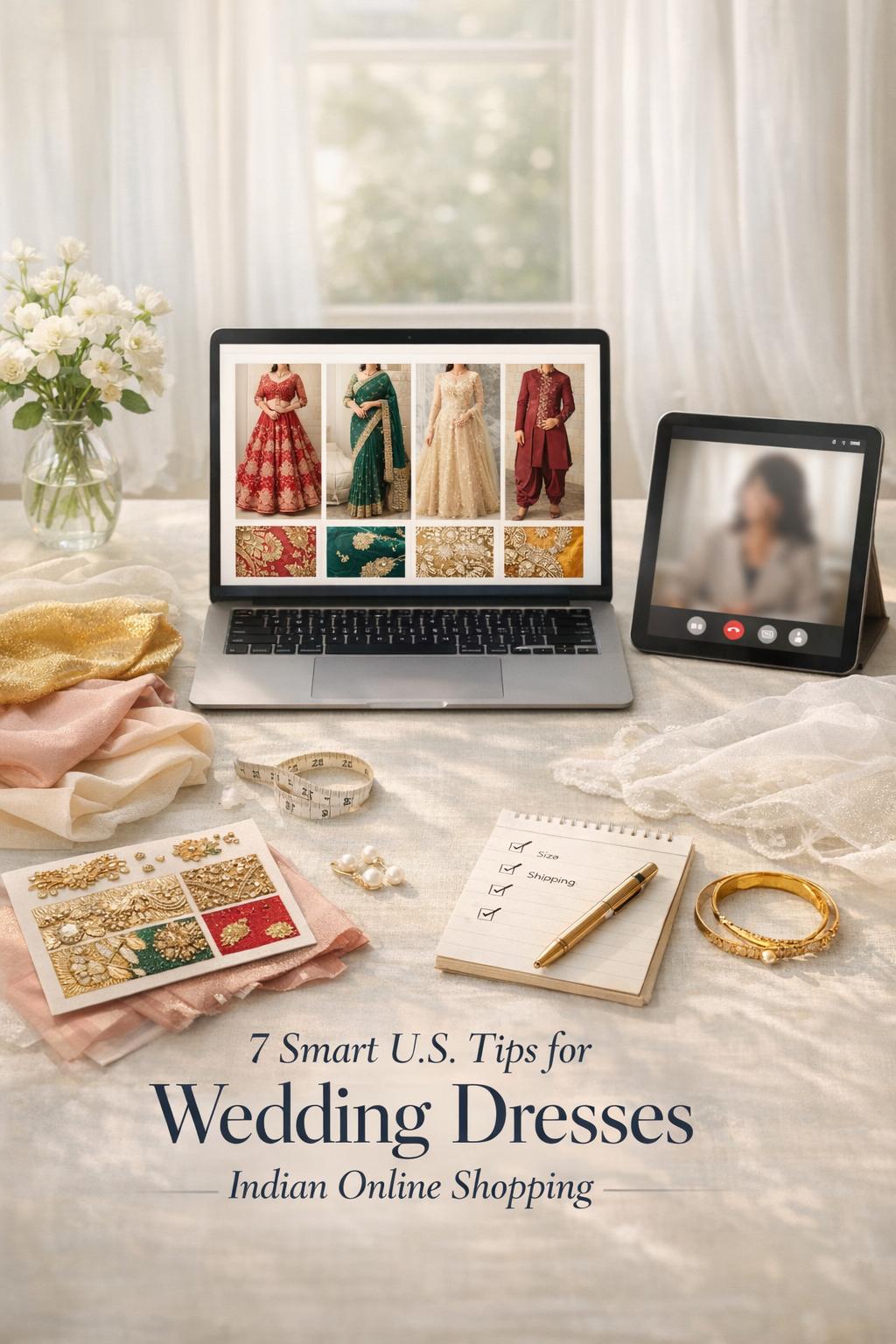 Wedding dresses Indian online shopping workspace with laptop outfit grid, fabric swatches, jewelry, and soft window light